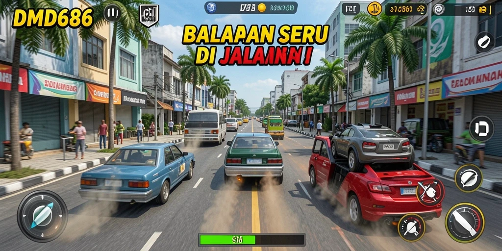 Screenshot gameplay DMD686 menampilkan serunya balapan di jalanan.