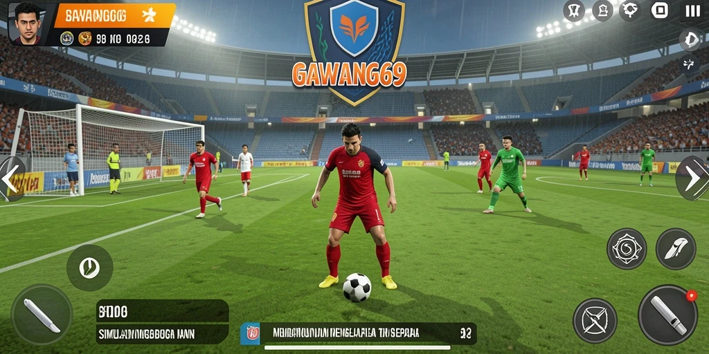 Tampilan gameplay GAWANG69 menampilkan aksi manajemen tim sepak bola yang intens.