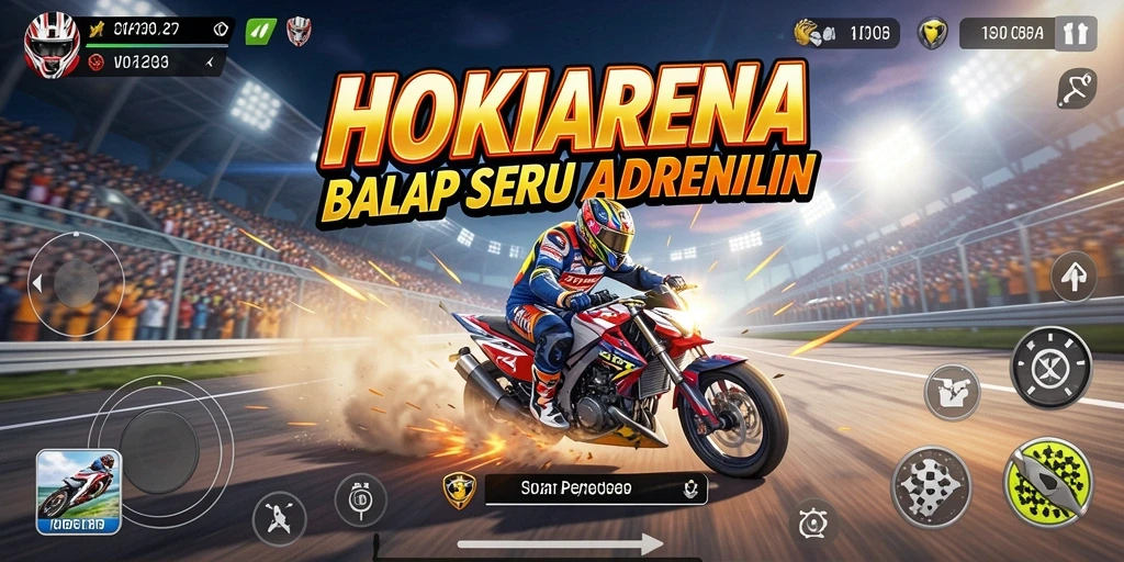 Gameplay balap HOKIARENA dengan mobil cepat dan lintasan menantang.