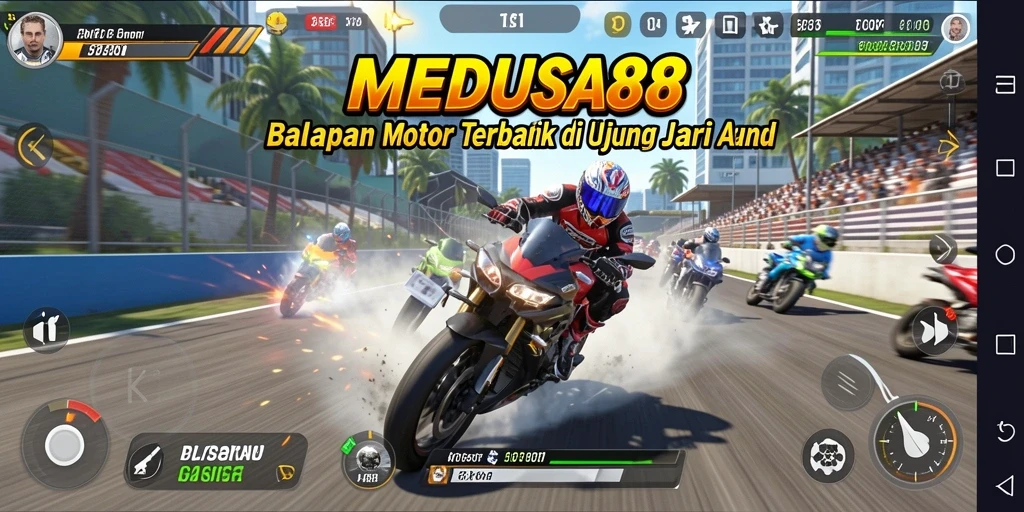 Gambaran gameplay seru dalam MEDUSA88 saat balapan motor.